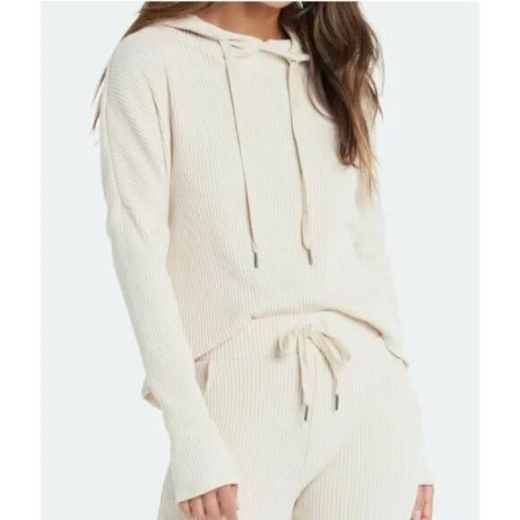 Lett Bari Ecru Ribbed Long Sleeve Drawstring Hoodie XS - Picture 1 of 9